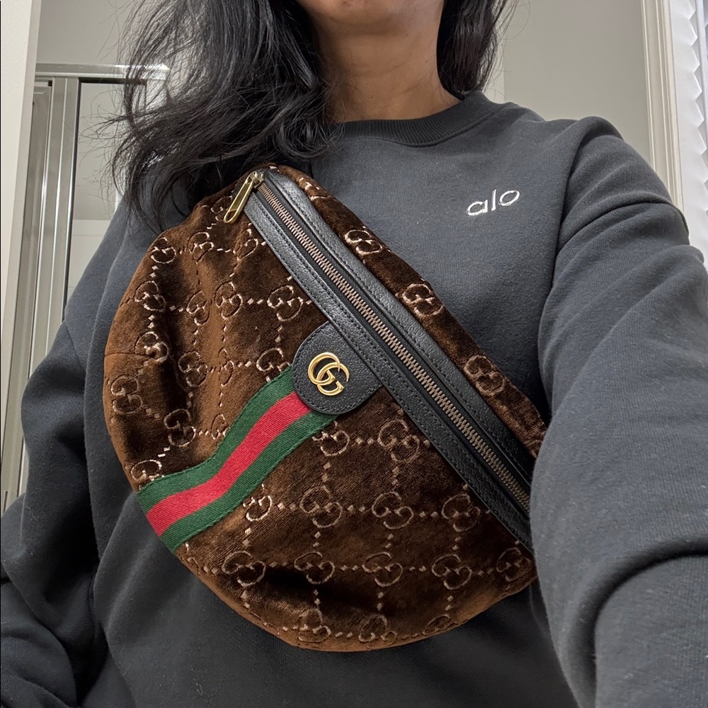 Gucci Brown Velvet Web Stripe GG Logo Belt Bag